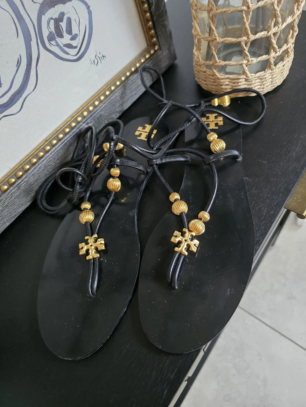 Tory Burch Women’s Capri Flat Lace Up Sandals Gold And Black 10